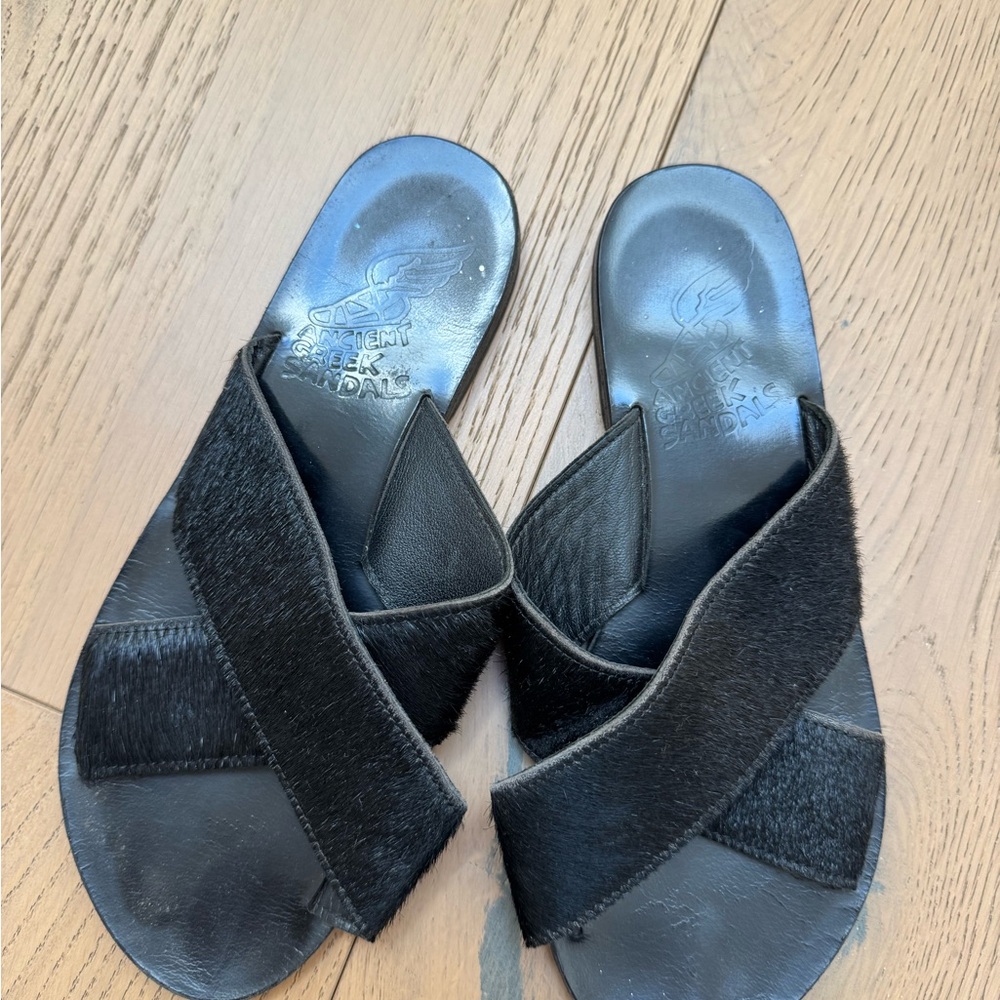 Ancient Greek Sandals Leather Pony Hair Slide Sandals